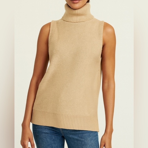 J. CREW sz S Womens Tan Chunky Knit Sleeveless Pullover Turtleneck Sweater Chic - Picture 1 of 4